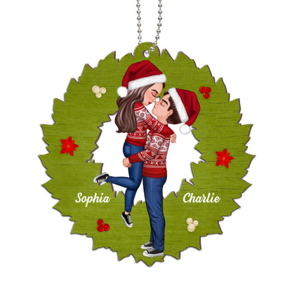 Wreath Christmas Couple Kissing Personalized 2-Layer Wooden Ornament