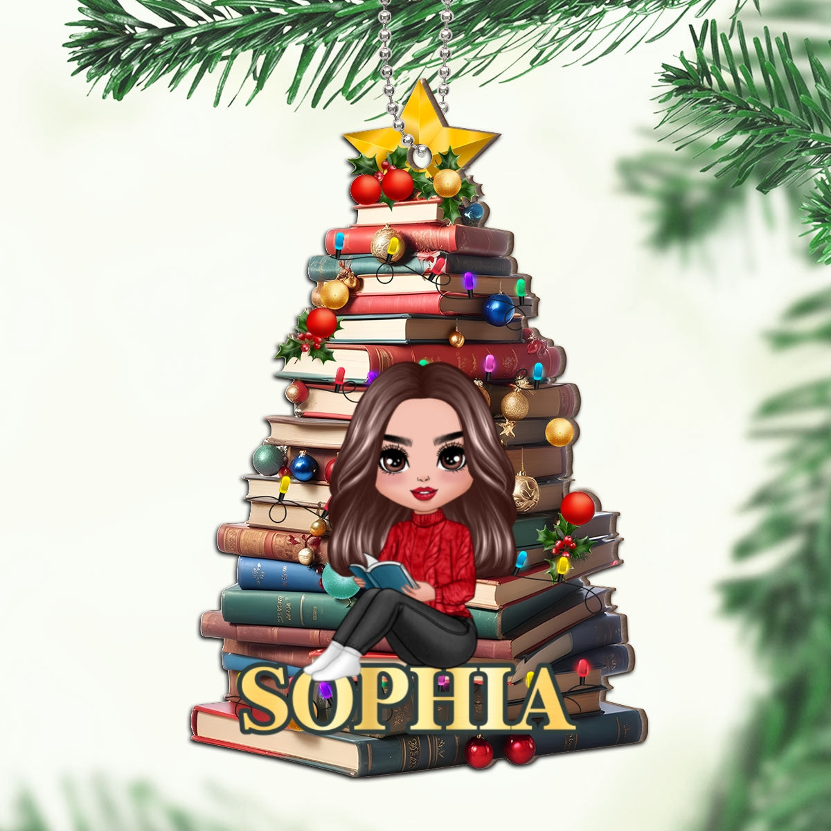 Christmas Book Tree Name Personalized 2-Layer Wooden Ornament, Book Lover Gift, Bookworm Gifts