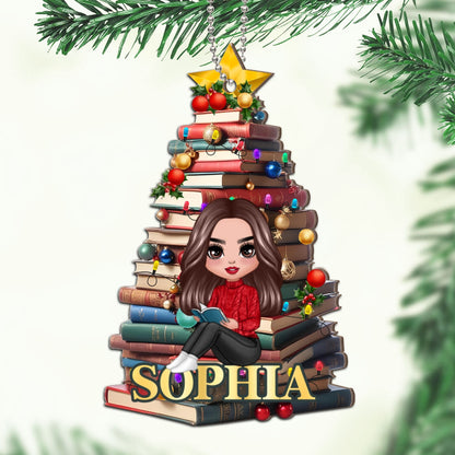 Christmas Book Tree Name Personalized 2-Layer Wooden Ornament, Book Lover Gift, Bookworm Gifts