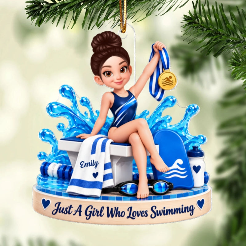 Just a Girl Who Loves Swimming - Personalized Acrylic Ornament - Custom Name Gift for Swimmer, Christmas Swim Team Gift, Female Athlete Keepsake