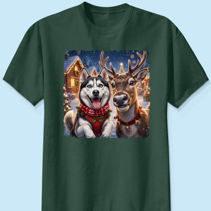 Dog Cat Selfie with Reindeer - Personalized Shirt - Funny Christmas Gift for Pet Lovers