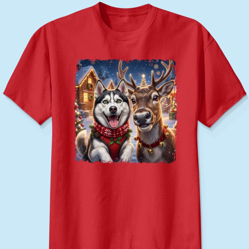 Dog Cat Selfie with Reindeer - Personalized Shirt - Funny Christmas Gift for Pet Lovers