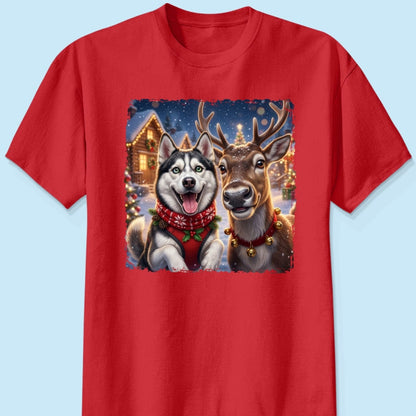 Dog Cat Selfie with Reindeer - Personalized Shirt - Funny Christmas Gift for Pet Lovers