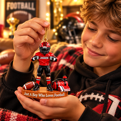 Personalized Football Player Christmas Ornament, Custom Name, Number & Uniform Colors, Just a Boy Who Loves Football Gift New
