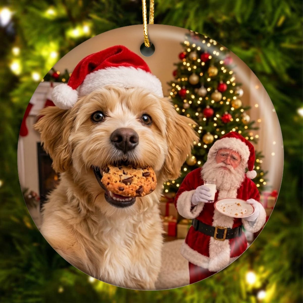 Dog Steal Cookie From Santa Upload Pet Photo - Personalized Ceramic Ornament - Funny Gift For Dog Lovers