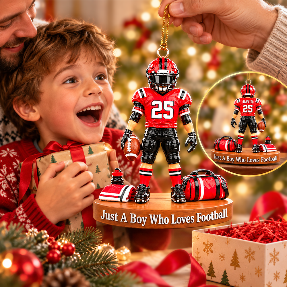 Luxury Personalized Football Player Christmas Ornament, Custom Name, Number & Uniform Colors, Just a Boy Who Loves Football Gift
