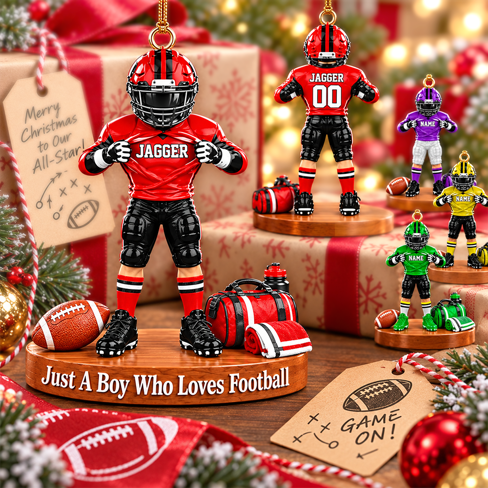 Personalized Football Player Christmas Ornament, Custom Name, Number & Uniform Colors, Just a Boy Who Loves Football Gift New