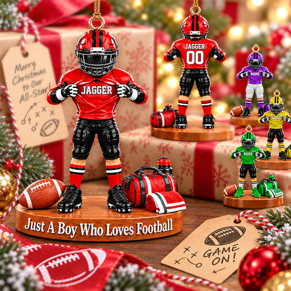 Personalized Football Player Christmas Ornament, Custom Name, Number & Uniform Colors, Just a Boy Who Loves Football Gift New