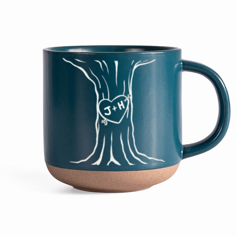 Couple Name Initials Engraved In A Heart Tree - Personalized Pottery Mug - Valentine's Day, Anniversary, Engagement Gift