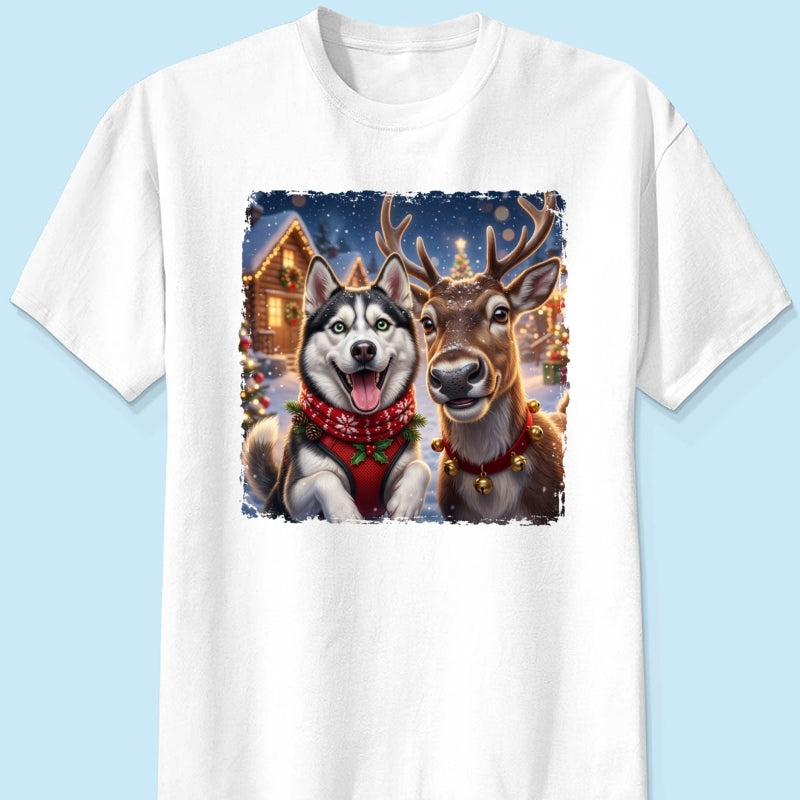 Dog Cat Selfie with Reindeer - Personalized Shirt - Funny Christmas Gift for Pet Lovers
