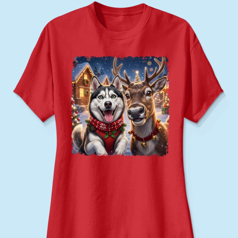 Dog Cat Selfie with Reindeer - Personalized Shirt - Funny Christmas Gift for Pet Lovers