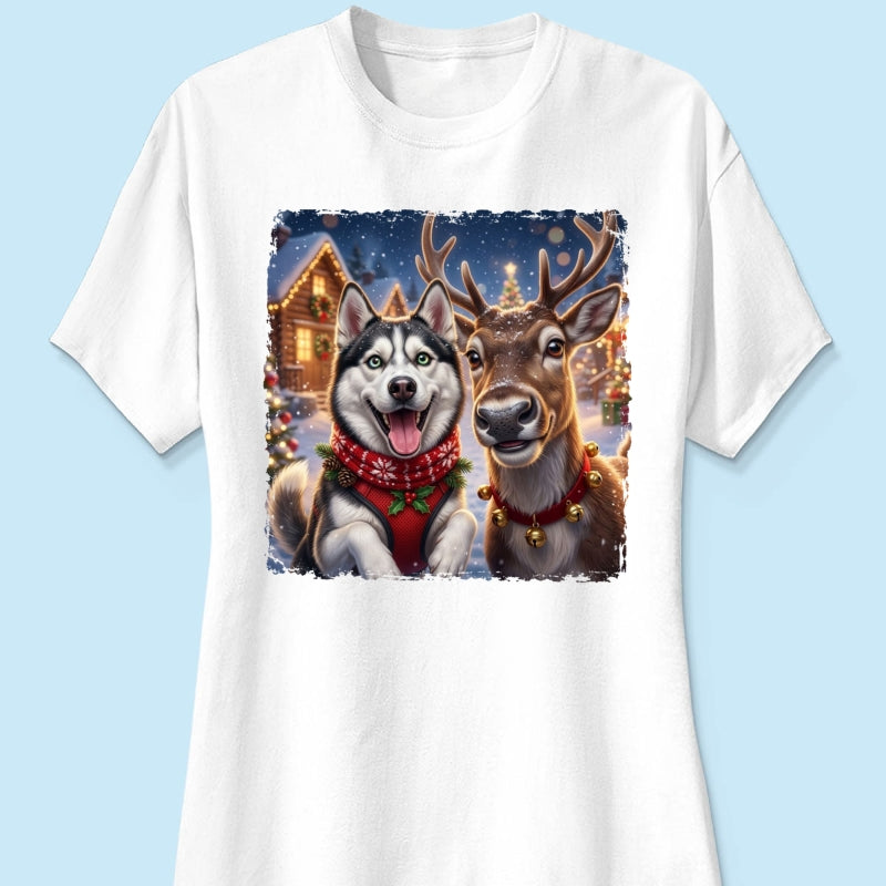 Dog Cat Selfie with Reindeer - Personalized Shirt - Funny Christmas Gift for Pet Lovers