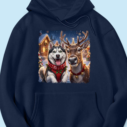 Dog Cat Selfie with Reindeer - Personalized Shirt - Funny Christmas Gift for Pet Lovers