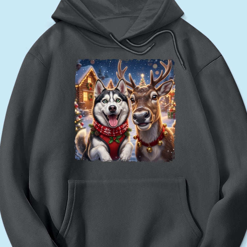 Dog Cat Selfie with Reindeer - Personalized Shirt - Funny Christmas Gift for Pet Lovers