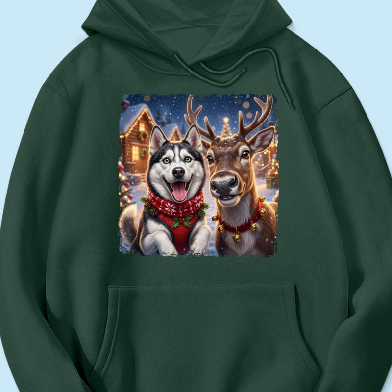 Dog Cat Selfie with Reindeer - Personalized Shirt - Funny Christmas Gift for Pet Lovers