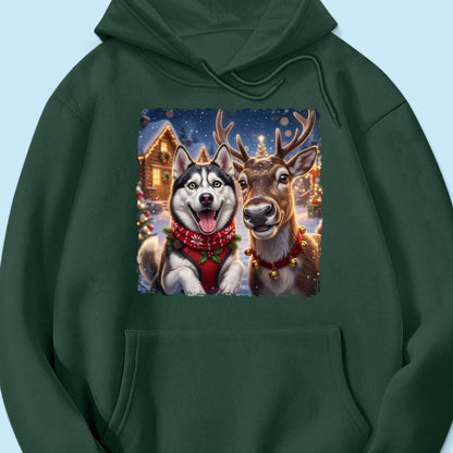Dog Cat Selfie with Reindeer - Personalized Shirt - Funny Christmas Gift for Pet Lovers
