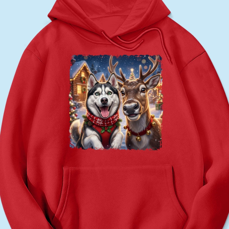 Dog Cat Selfie with Reindeer - Personalized Shirt - Funny Christmas Gift for Pet Lovers