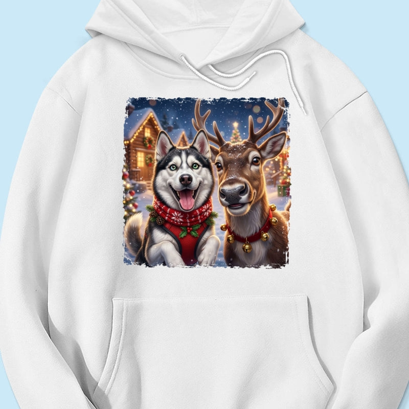 Dog Cat Selfie with Reindeer - Personalized Shirt - Funny Christmas Gift for Pet Lovers