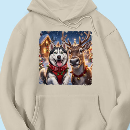 Dog Cat Selfie with Reindeer - Personalized Shirt - Funny Christmas Gift for Pet Lovers