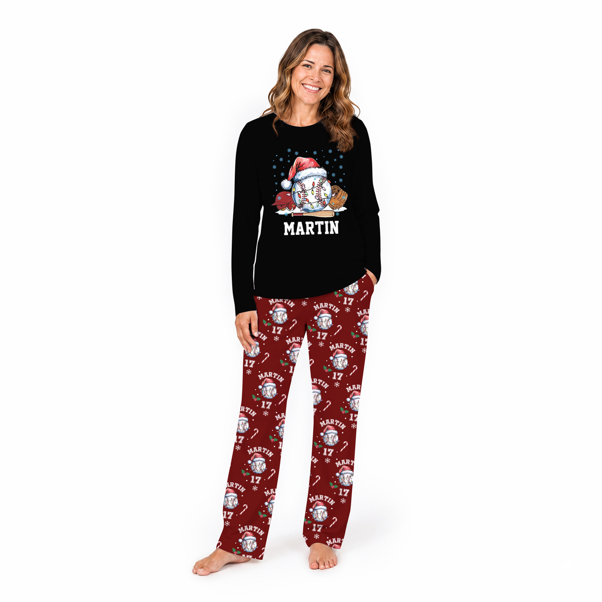 Custom Name Santa Hat Baseball Santa Lights Family Matching Pajamas
