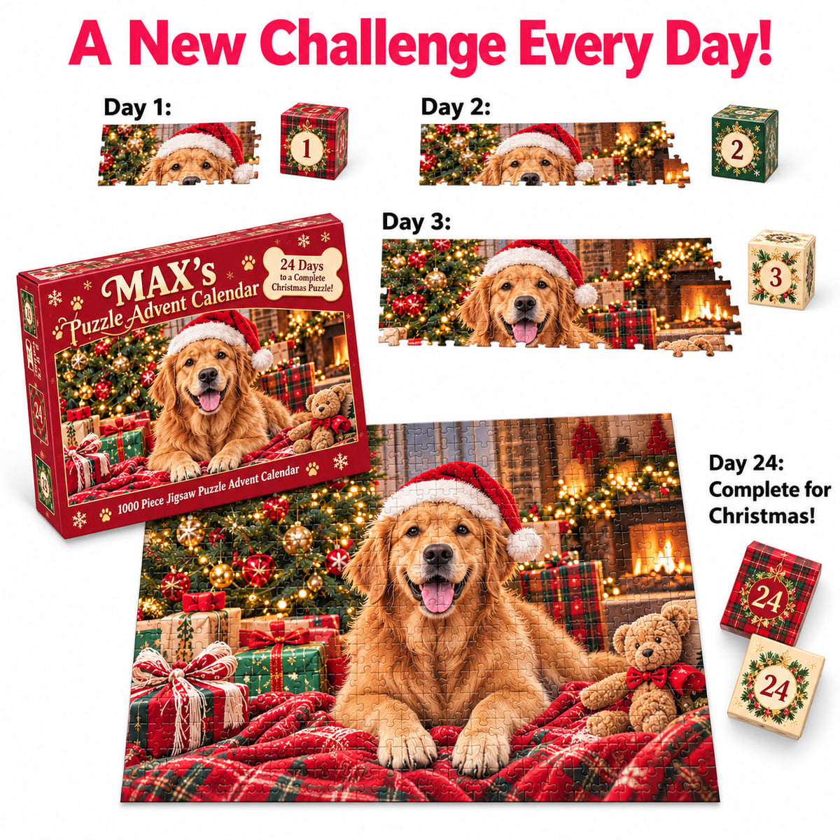 Personalized Golden Retriever Christmas Puzzle Advent Calendar - Count Down to Christmas Advent Calendars
