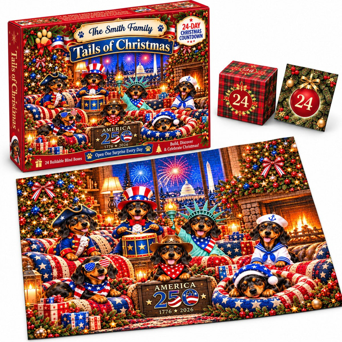 Personalized America 250th Dachshund Christmas Puzzle Advent Calendar 2026, Patriotic Wiener Dog Christmas Gift