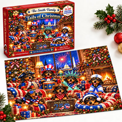 Personalized America 250th Dachshund Christmas Puzzle Advent Calendar 2026, Patriotic Wiener Dog Christmas Gift