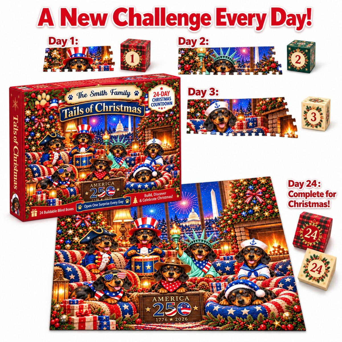 Personalized America 250th Dachshund Christmas Puzzle Advent Calendar 2026, Patriotic Wiener Dog Christmas Gift