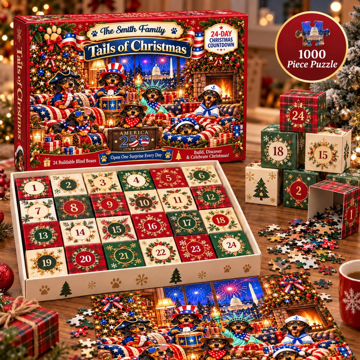 Personalized America 250th Dachshund Christmas Puzzle Advent Calendar 2026, Patriotic Wiener Dog Christmas Gift