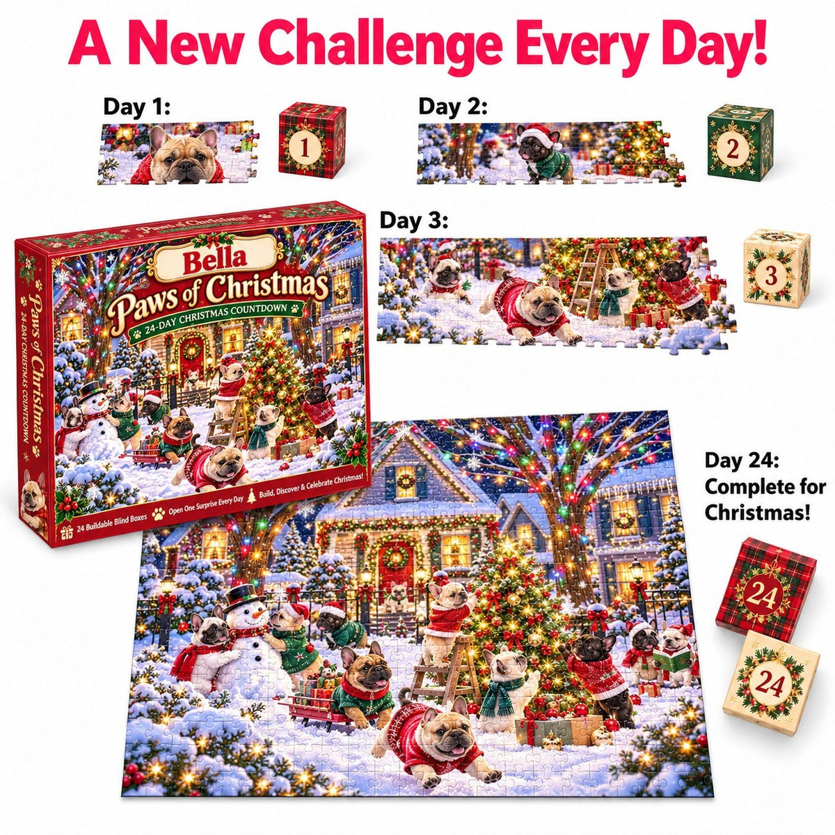 Personalized Paws of Christmas French Bulldog Puzzle Advent Calendar 2026 – 24-Day Christmas Countdown, Frenchie Lover Gift