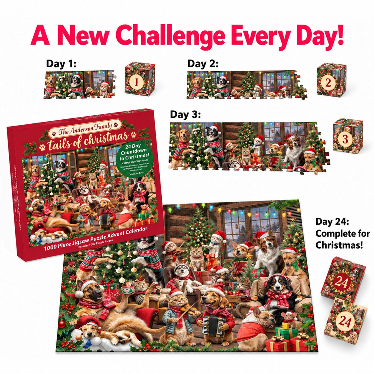 Personalized Christmas Dogs & Cats Puzzle Advent Calendar 2026 – Cozy Christmas Pet Party Jigsaw Puzzle, 24-Day Countdown Gift for Pet Lovers