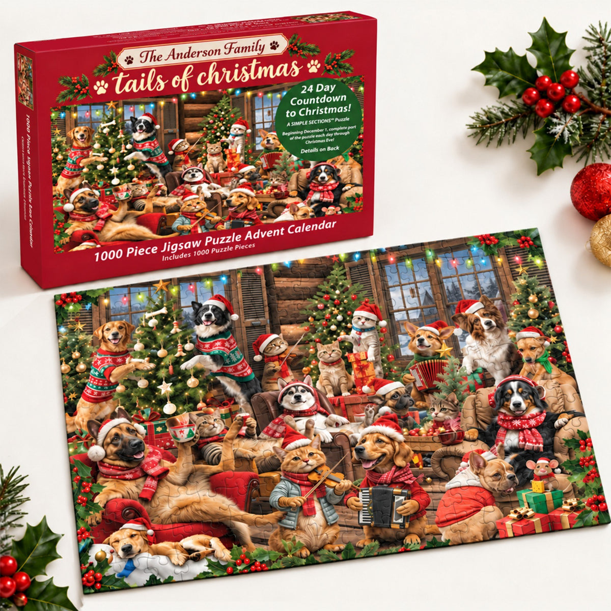 Personalized Christmas Dogs & Cats Puzzle Advent Calendar 2026 – Cozy Christmas Pet Party Jigsaw Puzzle, 24-Day Countdown Gift for Pet Lovers