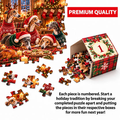 Personalized Greyhound Christmas Puzzle Advent Calendar 2026 – 1000 Piece Cozy Holiday Jigsaw Puzzle