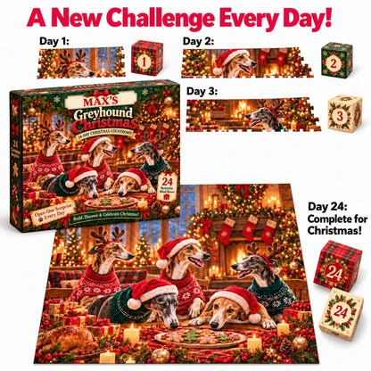 Personalized Greyhound Christmas Puzzle Advent Calendar 2026 – 1000 Piece Cozy Holiday Jigsaw Puzzle