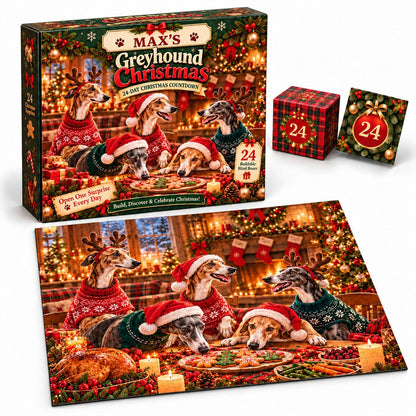 Personalized Greyhound Christmas Puzzle Advent Calendar 2026 – 1000 Piece Cozy Holiday Jigsaw Puzzle