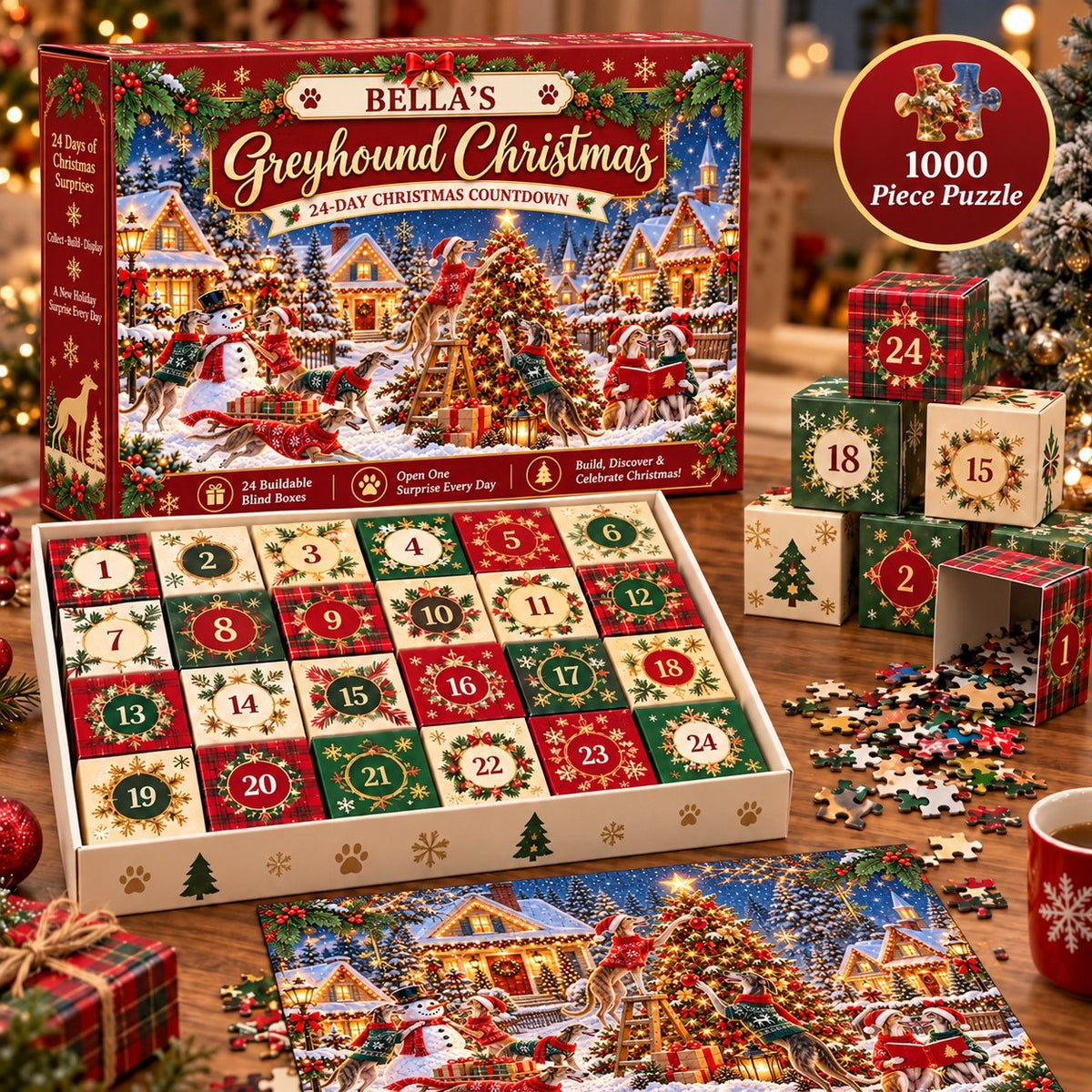 Personalized Greyhound Christmas Puzzle Advent Calendar 2026 – 1000 Piece Jigsaw Puzzle