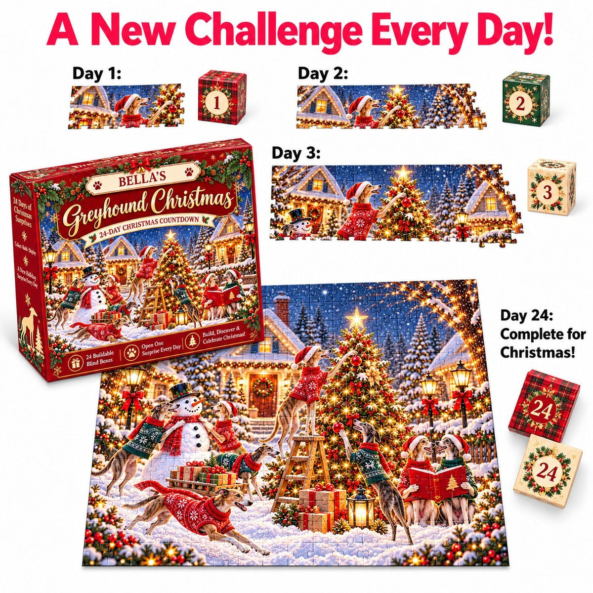 Personalized Greyhound Christmas Puzzle Advent Calendar 2026 – 1000 Piece Jigsaw Puzzle