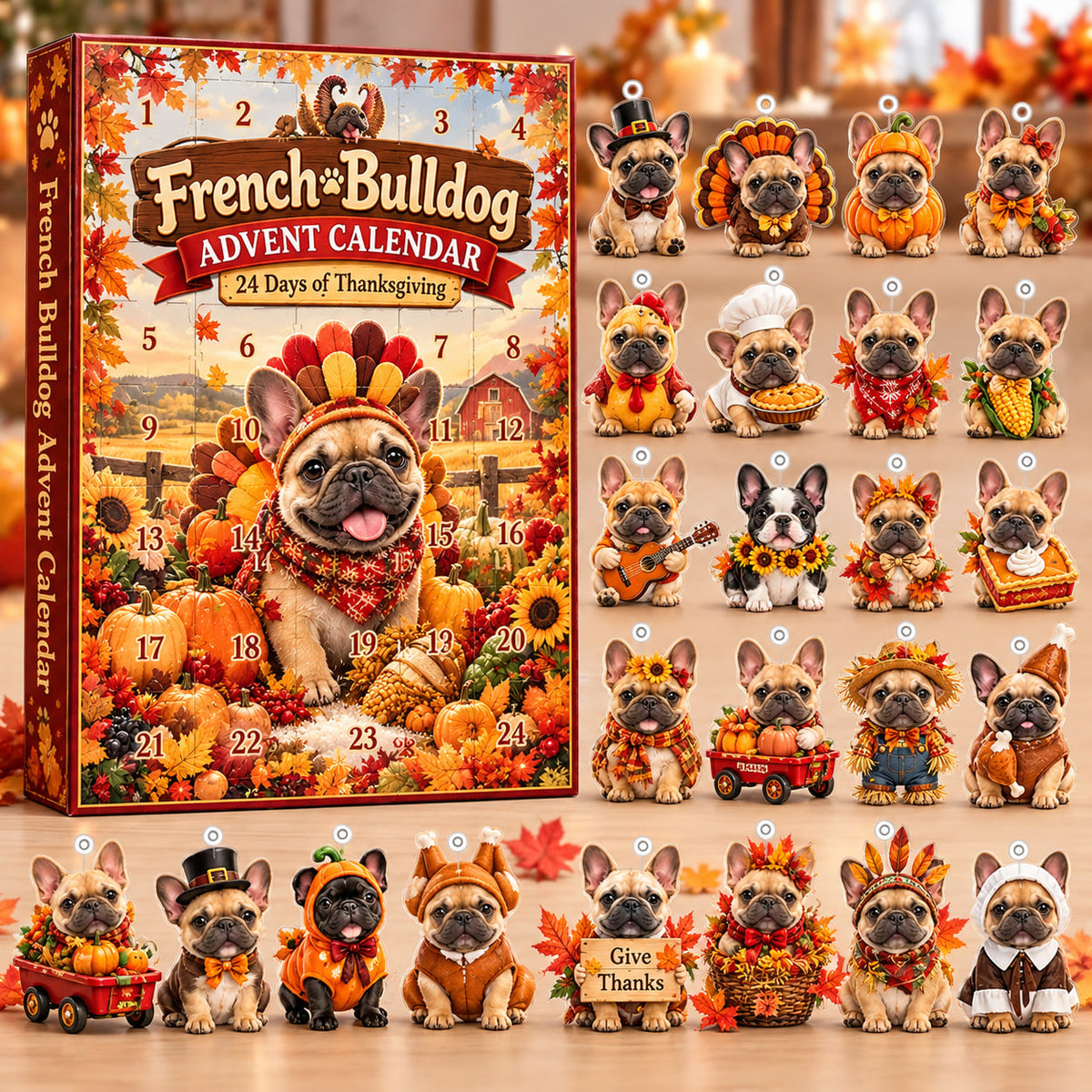 French Bulldog Thanksgiving Advent Calendar 2026 – 24 Days of Thanksgiving, 2D Acrylic Frenchie Collectibles, Fall Holiday Gift for Dog Lovers