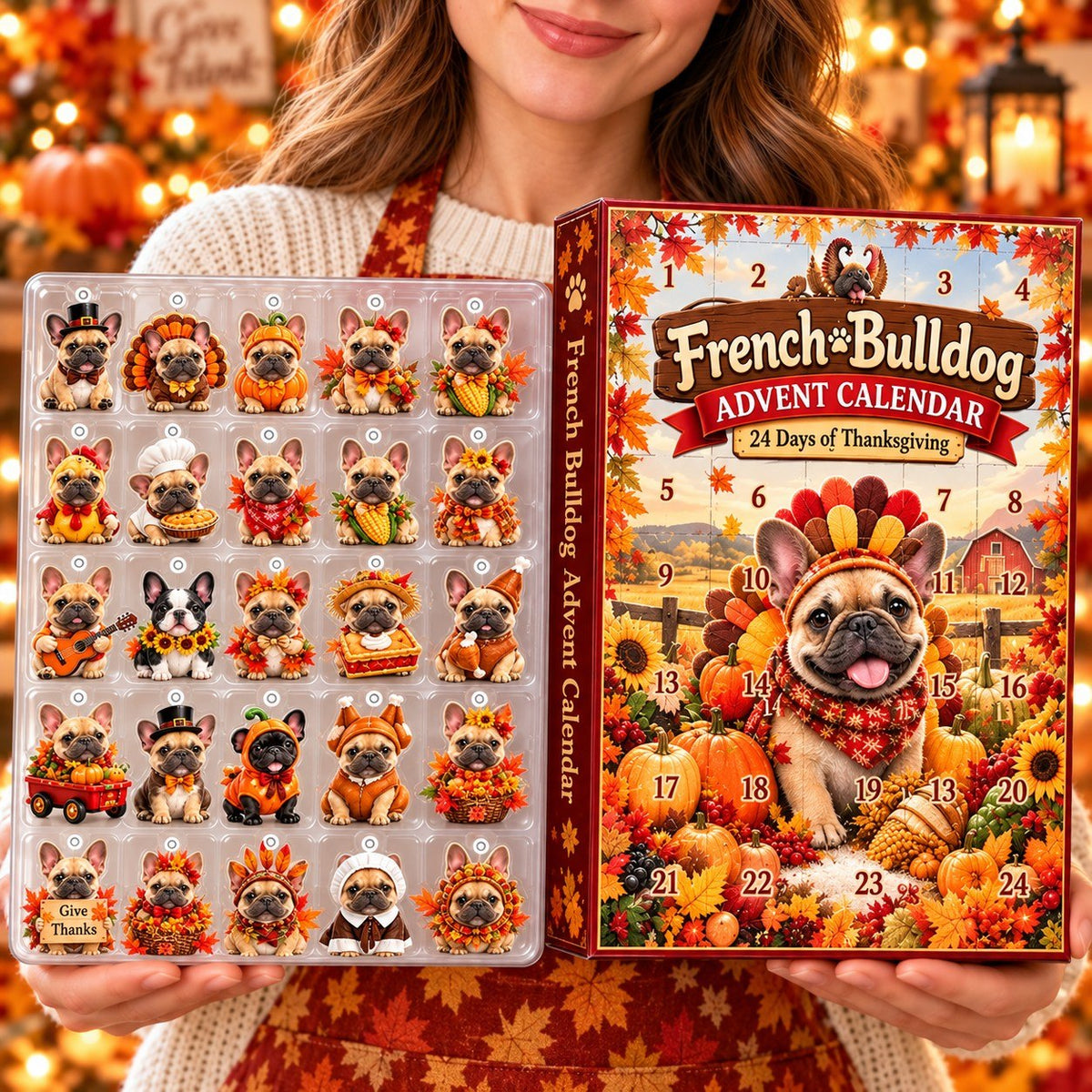 French Bulldog Thanksgiving Advent Calendar 2026 – 24 Days of Thanksgiving, 2D Acrylic Frenchie Collectibles, Fall Holiday Gift for Dog Lovers