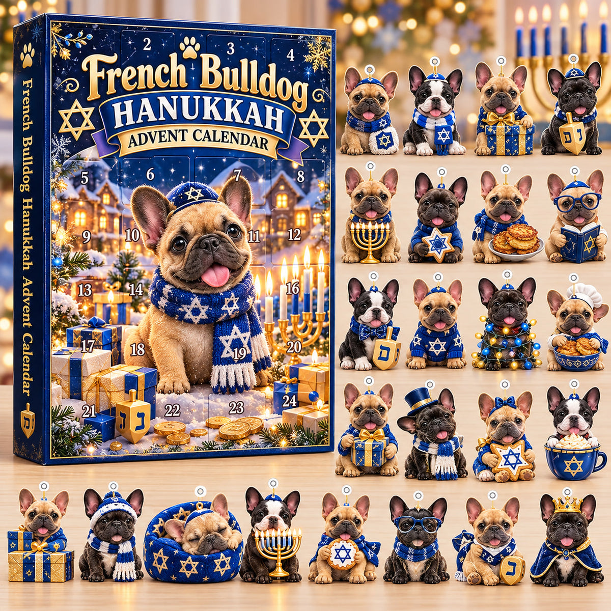 French Bulldog Hanukkah Advent Calendar 2026 – 24 Days of Hanukkah, 2D Acrylic Frenchie Ornaments, Jewish Holiday Gift for Dog Lovers