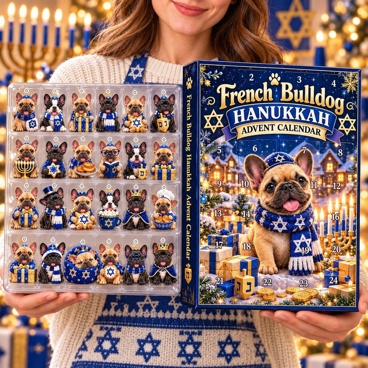 French Bulldog Hanukkah Advent Calendar 2026 – 24 Days of Hanukkah, 2D Acrylic Frenchie Ornaments, Jewish Holiday Gift for Dog Lovers