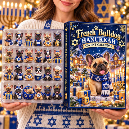 French Bulldog Hanukkah Advent Calendar 2026 – 24 Days of Hanukkah, 2D Acrylic Frenchie Ornaments, Jewish Holiday Gift for Dog Lovers