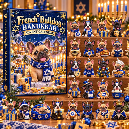 French Bulldog Hanukkah Advent Calendar 2026 – 24 Days of Hanukkah, 2D Acrylic Frenchie Ornaments, Jewish Holiday Gift for Dog Lovers