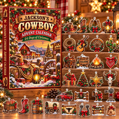 Personalized Cowboy Christmas Advent Calendar 2026 – 24 Days of Western Christmas 2D Acrylic Ornaments, Rustic Cowboy Holiday Countdown Gift