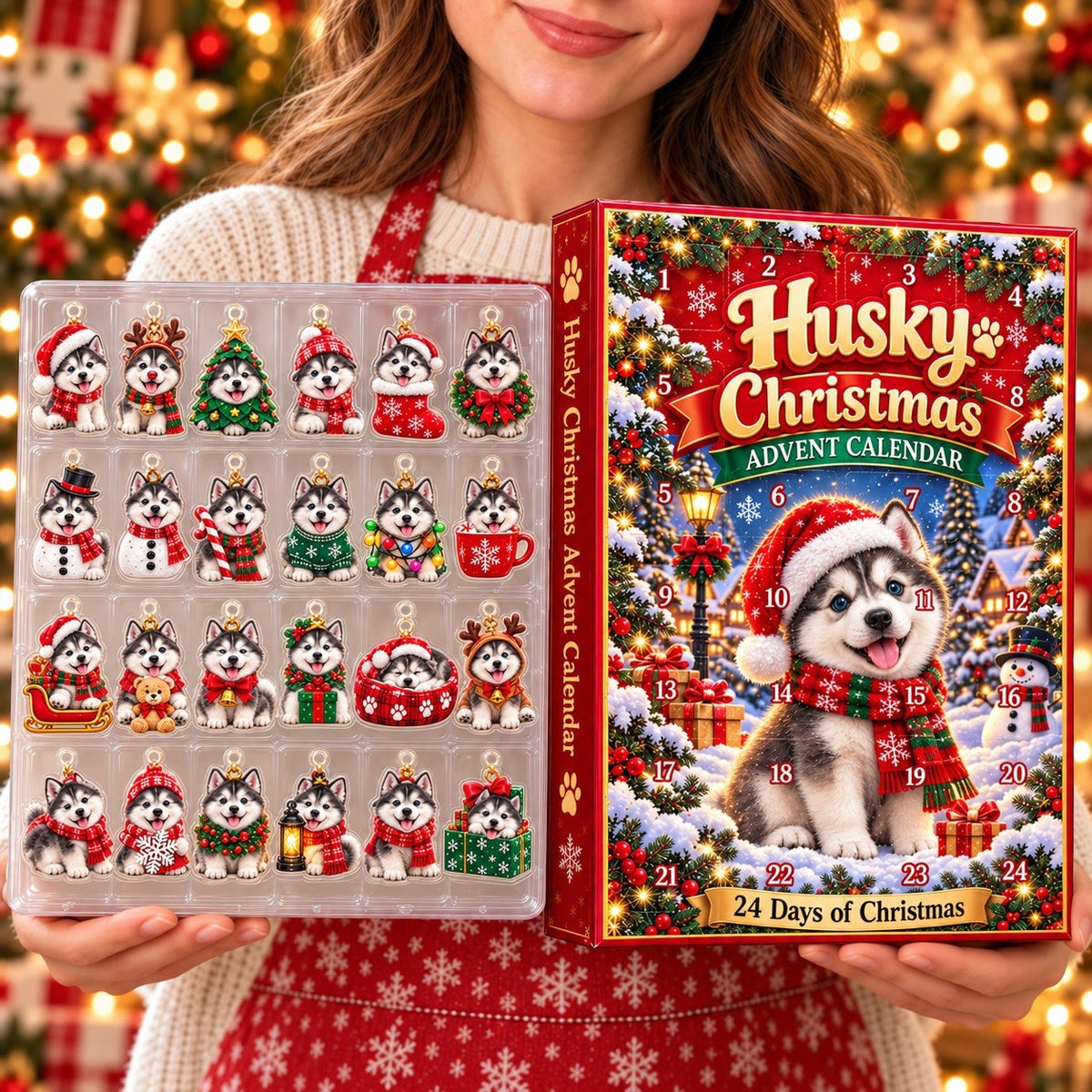 Husky Christmas Advent Calendar 2026 – 24 Days of Christmas 2D Acrylic Husky Ornaments