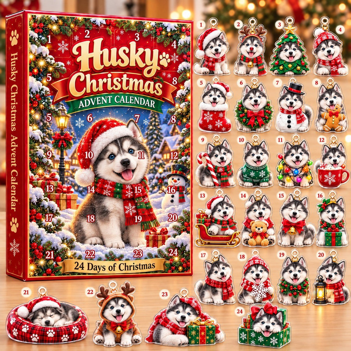 Husky Christmas Advent Calendar 2026 – 24 Days of Christmas 2D Acrylic Husky Ornaments