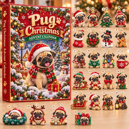 Pug Christmas Advent Calendar 2026 – Christmas Pug Ornaments, Festive Holiday Countdown Gift for Pug Lovers