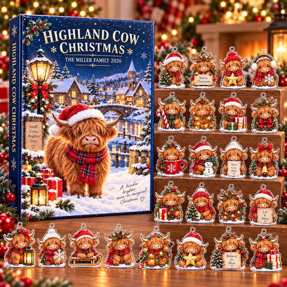Personalized Highland Cow Christmas Advent Calendar 2026 – 24 Days of Cute Highland Cows, Christmas Countdown Gift for Cow Lovers