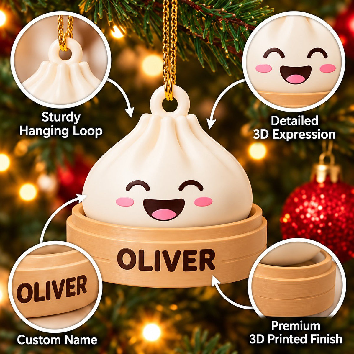Personalized Dumpling Christmas Ornament – Custom Name 3D Printed Cute Dumpling Ornament, Christmas Tree Decoration, Christmas Gift for Dumpling Lovers