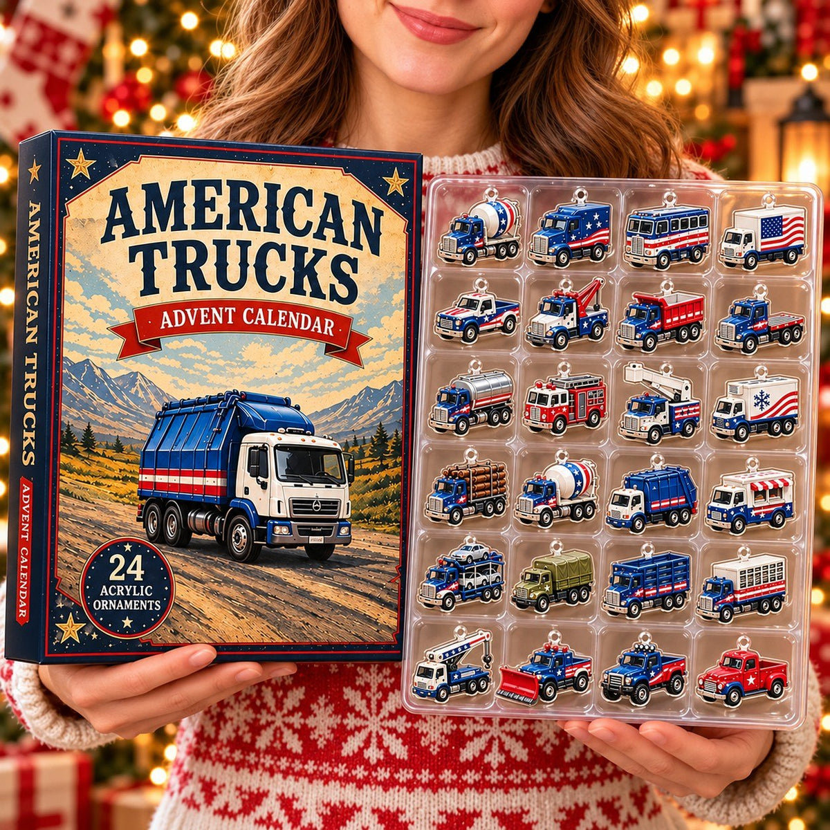 American Trucks Advent Calendar 2026 – 24 Days of Patriotic Truck Acrylic Ornaments, Christmas Countdown Gift for Truck Lovers